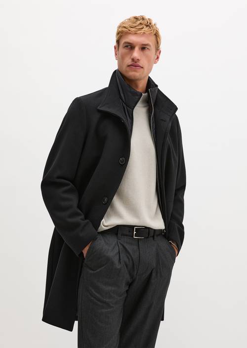 Regular-Fit Wool Coat with Stand-Up Collar Black in front view