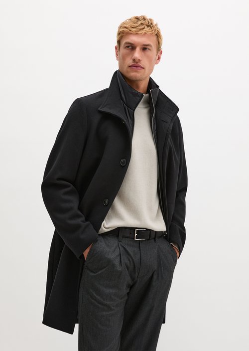 Regular-Fit Wool Coat with Stand-Up Collar — Black
