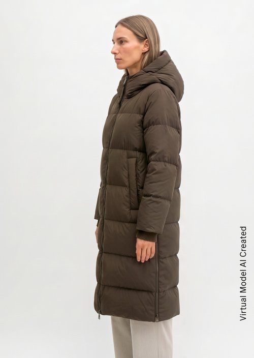 Regular-Fit Quilted Down Hooded Coat — Burnt Coffee