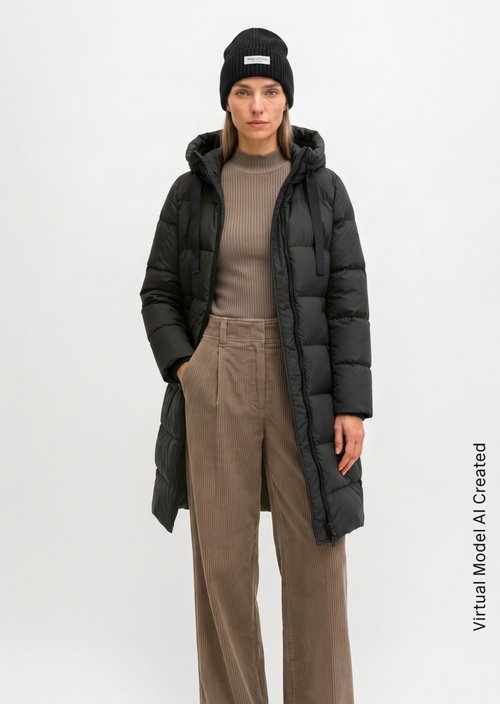 Quilted Down Coat with Hood, Regular Fit — Black