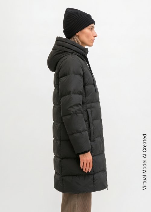 Quilted Down Coat with Hood, Regular Fit — Black