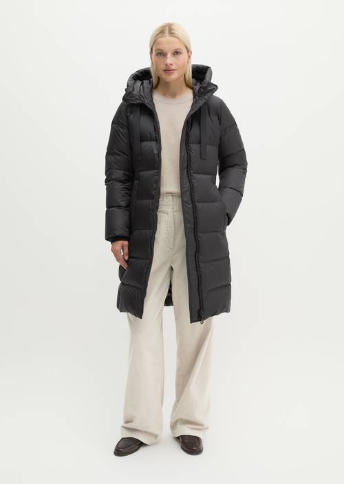 Quilted Down Coat with Hood, Regular Fit Black in front view