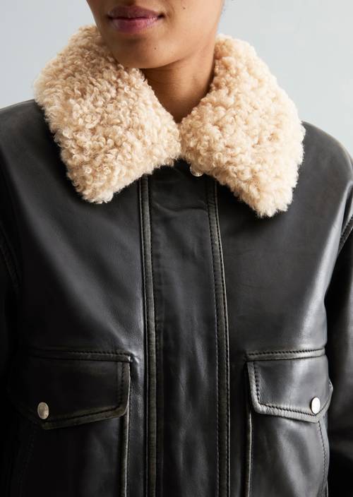Regular-Fit Aviator-Style Leather Jacket Black in detail view