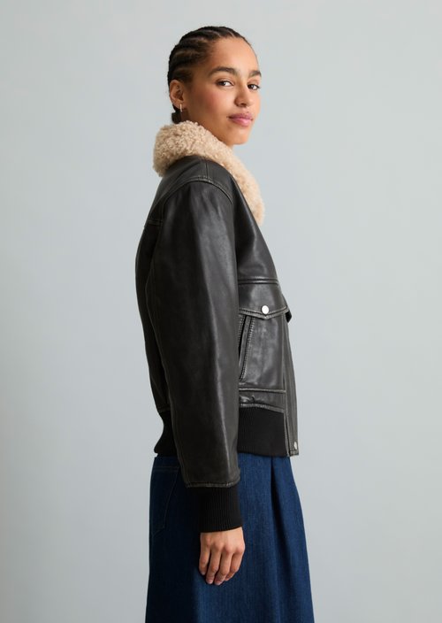 Regular-Fit Aviator-Style Leather Jacket — Black