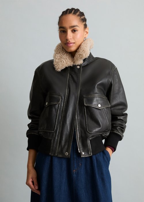 Regular-Fit Aviator-Style Leather Jacket — Black