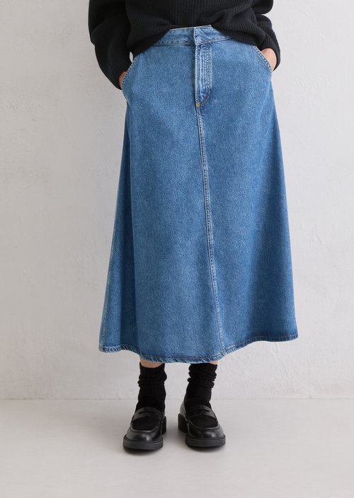 Calf-length denim skirt A-shape — Bright Blue