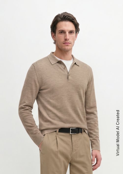 Regular-Fit Knit Polo Shirt — Dark Beige Melange