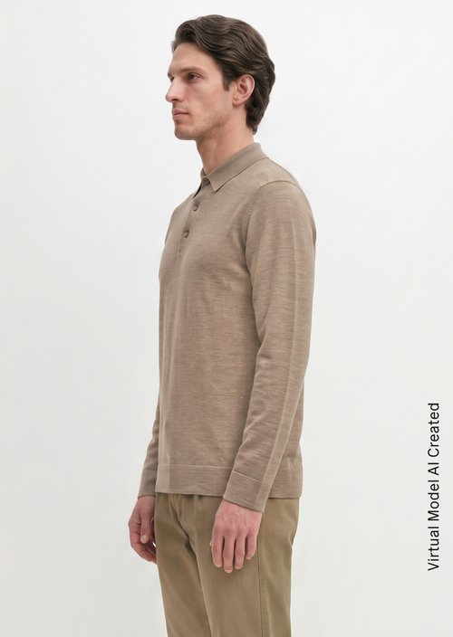 Regular-Fit Knit Polo Shirt — Dark Beige Melange