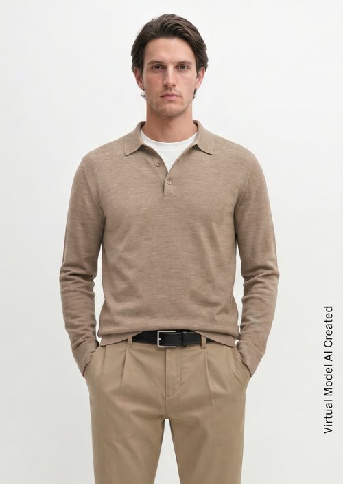 Regular-Fit Knit Polo Shirt — Dark Beige Melange