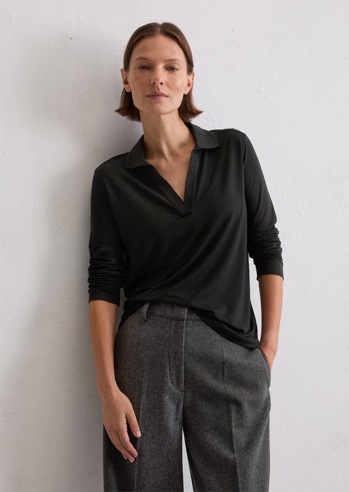 Regular polo-style jersey blouse — Black