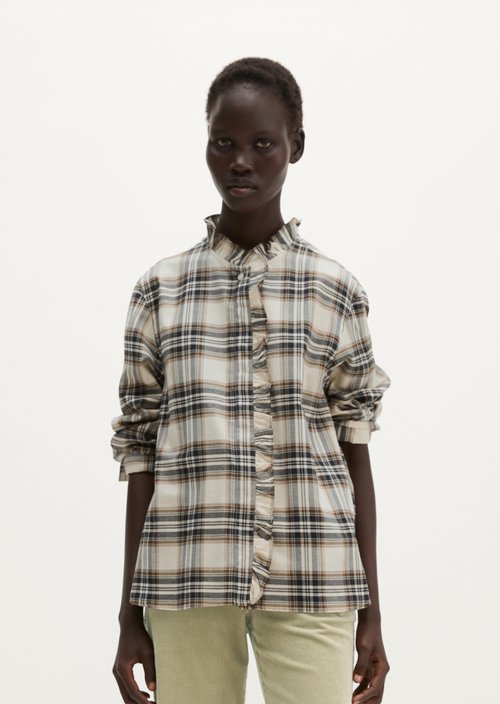 Casual Checkered Ruffle Blouse — Offwhite