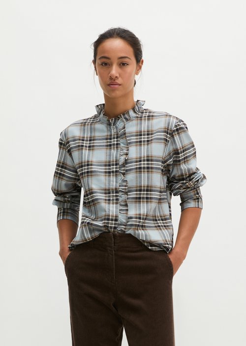 Casual Checkered Ruffle Blouse — Medium Blue