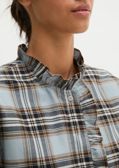 Casual Checkered Ruffle Blouse — Medium Blue