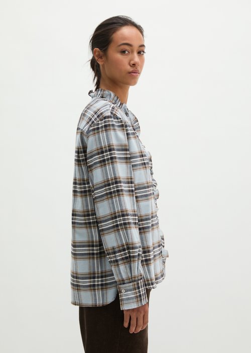 Casual Checkered Ruffle Blouse — Medium Blue
