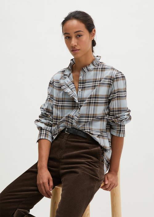 Casual Checkered Ruffle Blouse — Medium Blue