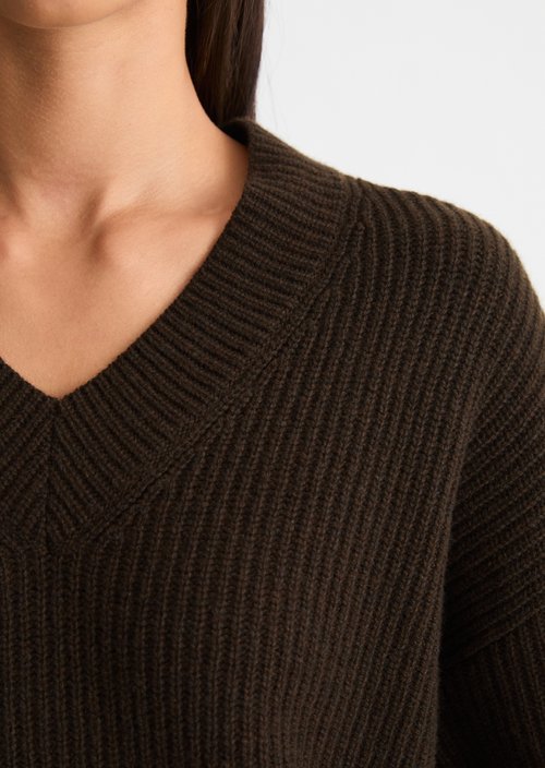 Loose-fitting V-neck knit sweater — Burnt Coffee