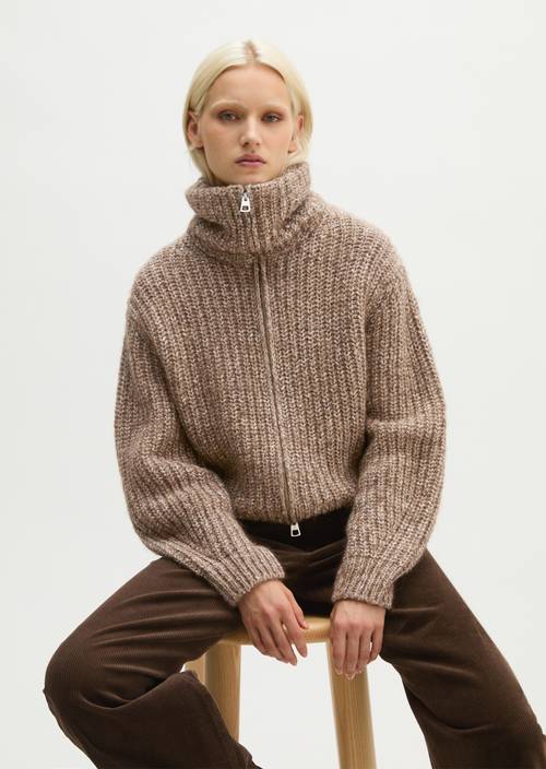 Relaxed Zip-Up Cardigan Dark Brown in front view