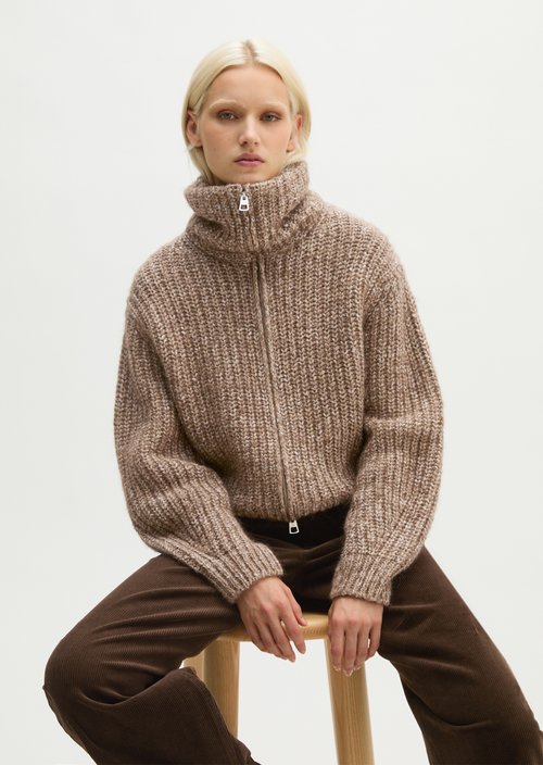 Relaxed Zip-Up Cardigan — Dark Brown