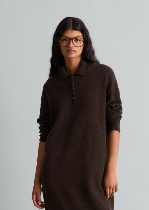 Oversized Polo Knit Dress — Dark Brown Melange