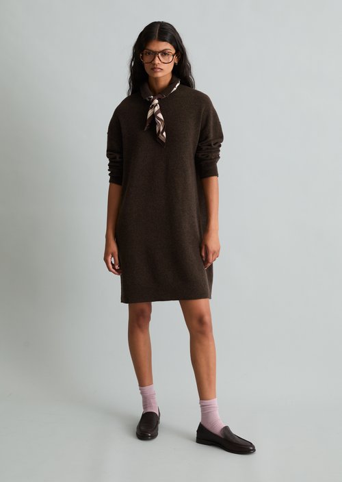 Oversized Polo Knit Dress — Dark Brown Melange