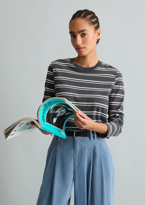 Striped Long-Sleeve Shirt, Regular Fit — Dark Grey