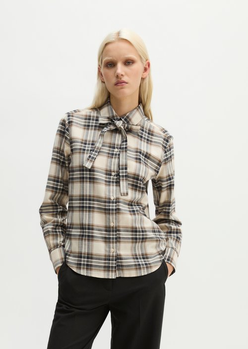 Relaxed Checkered Bow-Tie Blouse — Offwhite