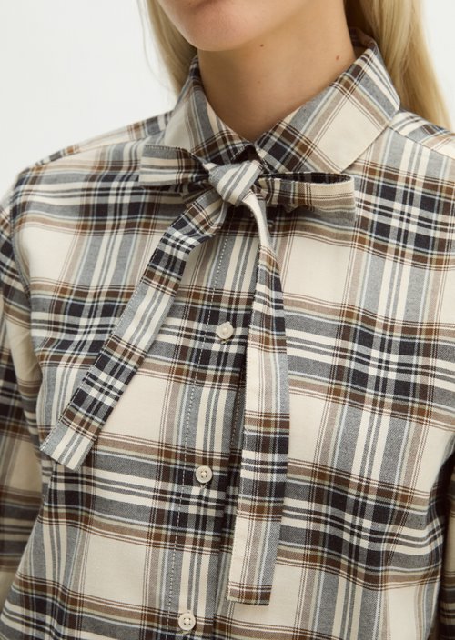 Relaxed Checkered Bow-Tie Blouse — Offwhite