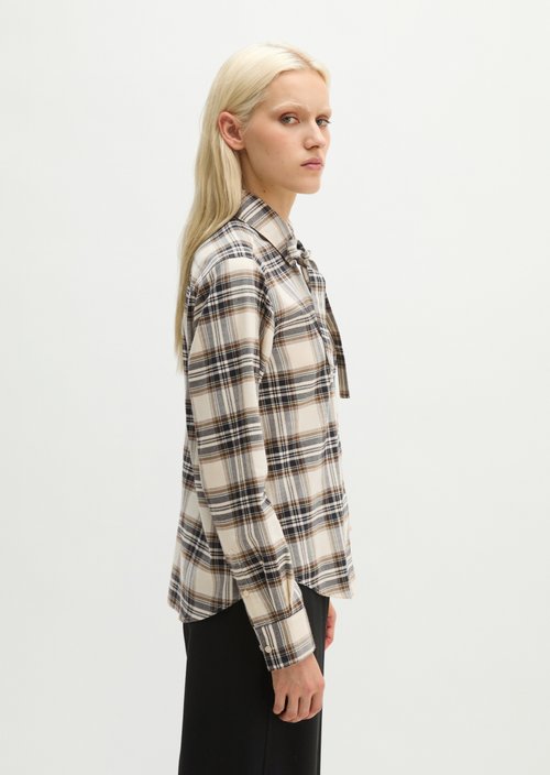 Relaxed Checkered Bow-Tie Blouse — Offwhite