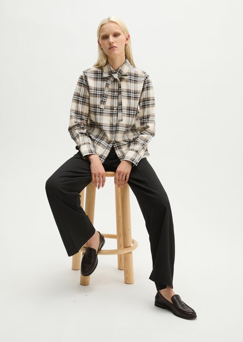 Relaxed Checkered Bow-Tie Blouse — Offwhite