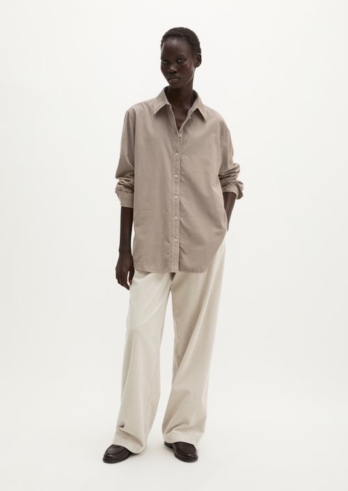 Oversized Long-Sleeve Fine-Cord Blouse — Earthy Taupe