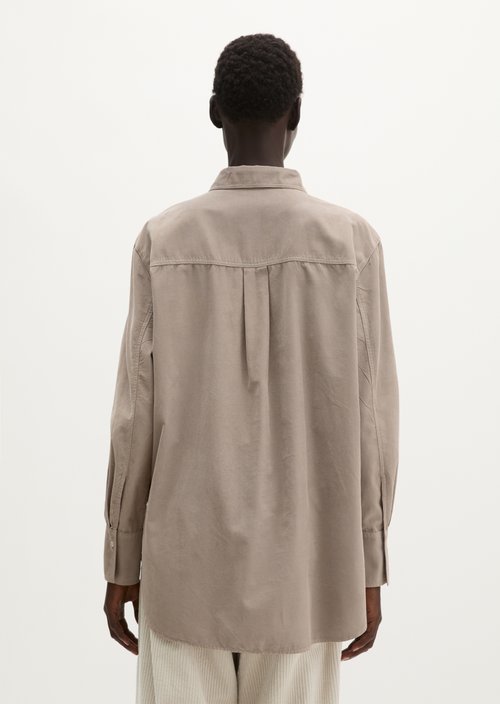 Oversized Long-Sleeve Fine-Cord Blouse — Earthy Taupe