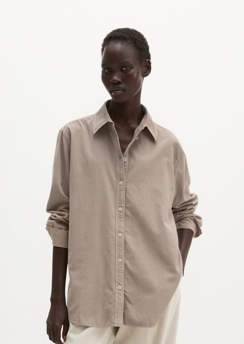 Oversized Long-Sleeve Fine-Cord Blouse — Earthy Taupe