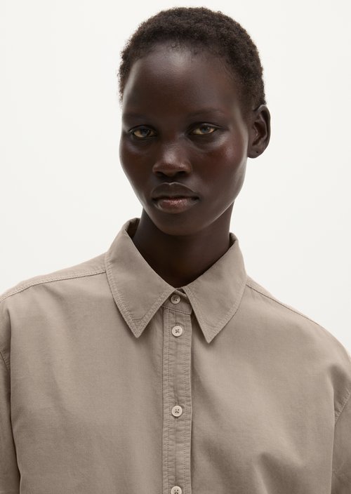 Oversized Long-Sleeve Fine-Cord Blouse — Earthy Taupe