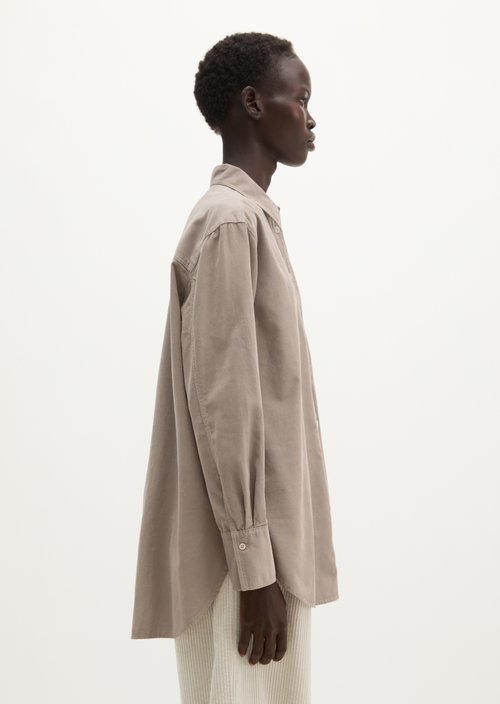 Oversized Long-Sleeve Fine-Cord Blouse — Earthy Taupe