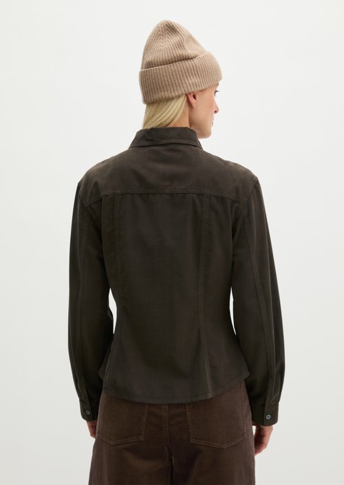 Fitted Long-Sleeve Fine-Cord Blouse — Burnt Coffee