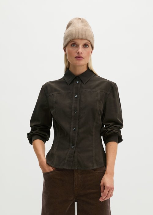 Fitted Long-Sleeve Fine-Cord Blouse — Burnt Coffee