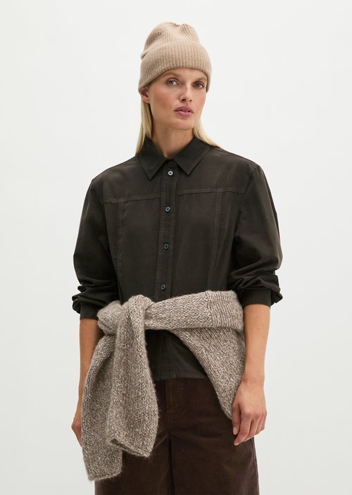 Fitted Long-Sleeve Fine-Cord Blouse — Burnt Coffee