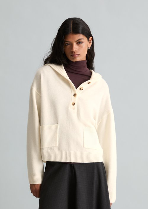 Oversized Merino Knit Hoodie — White Blush