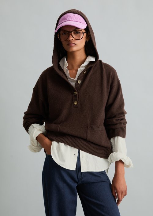 Oversized Merino Knit Hoodie — Espresso Brown