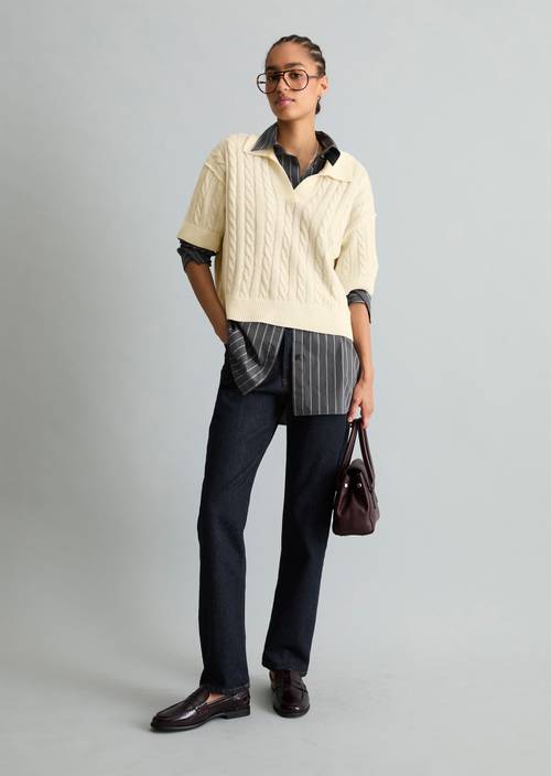 Oversized knit polo shirt White Blush in front view