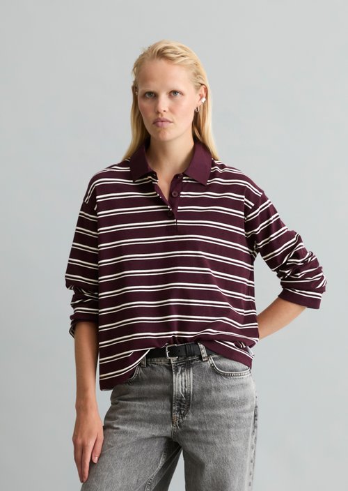 Relaxed-Fit Long-Sleeve Polo Shirt — Dark Red