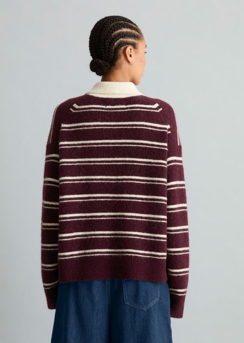 Oversized Striped Knit Polo Shirt — Medium Brown Melange