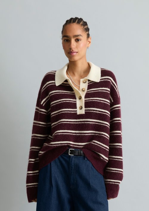 Oversized Striped Knit Polo Shirt — Medium Brown Melange