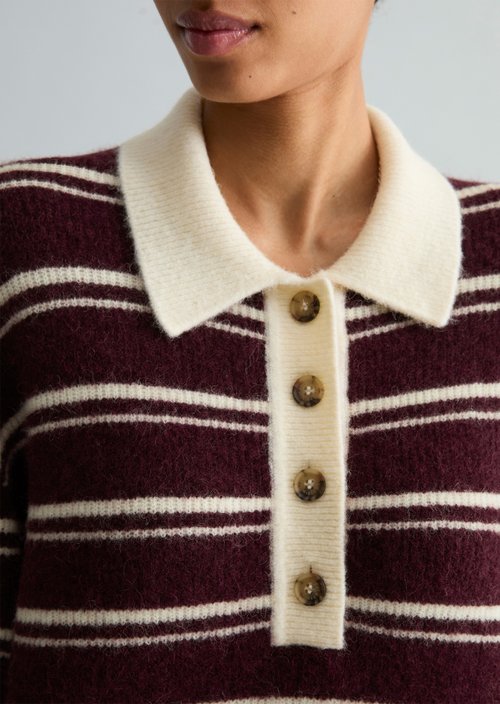 Oversized Striped Knit Polo Shirt — Medium Brown Melange