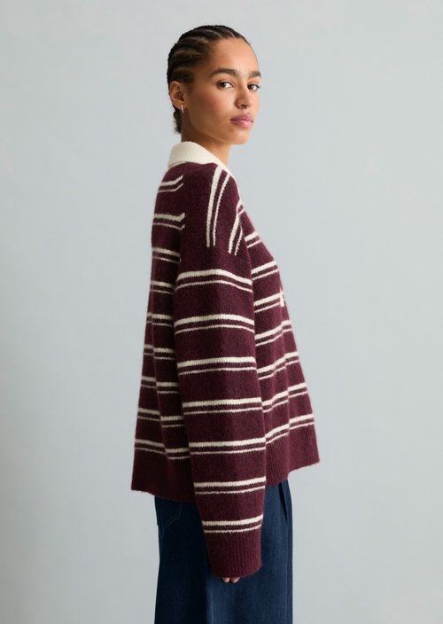 Oversized Striped Knit Polo Shirt — Medium Brown Melange