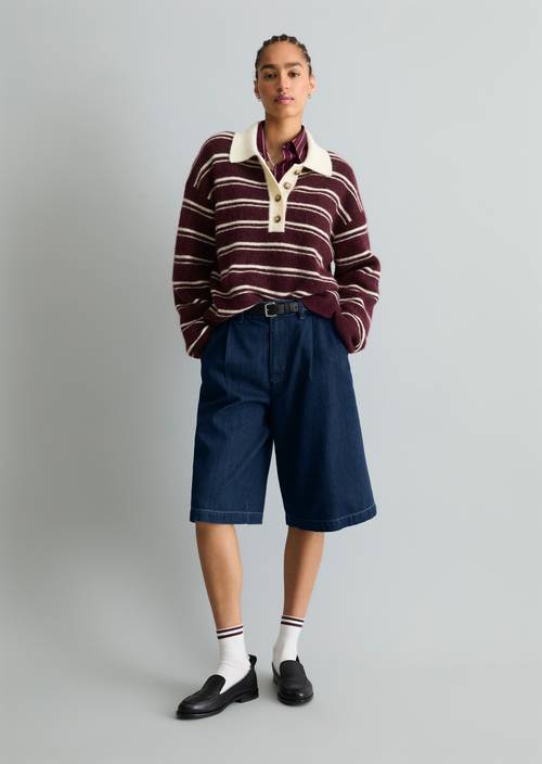 Oversized Striped Knit Polo Shirt Medium Brown Melange in front view