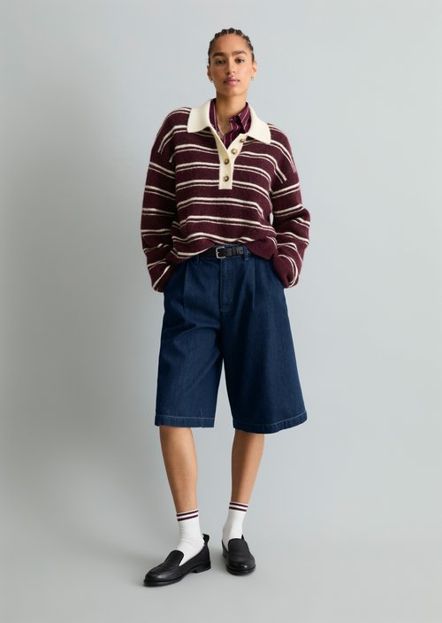 Oversized Striped Knit Polo Shirt — Medium Brown Melange