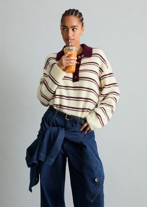 Oversized Striped Knit Polo Shirt — Bright Yellow