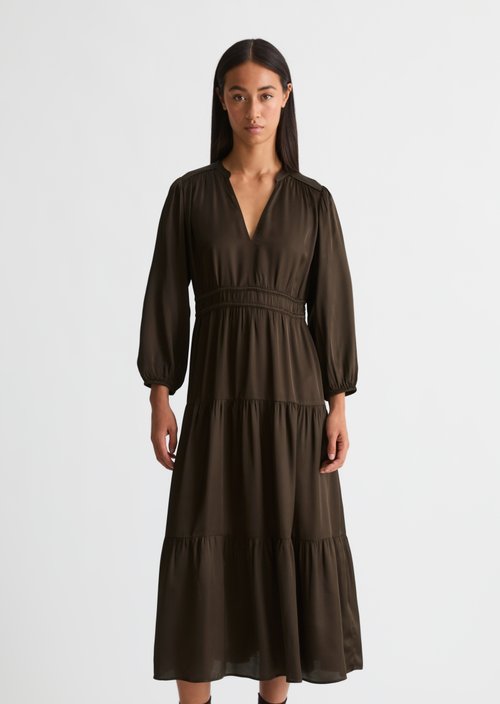 Relaxed-Fit Tiered Dress — Burnt Coffee