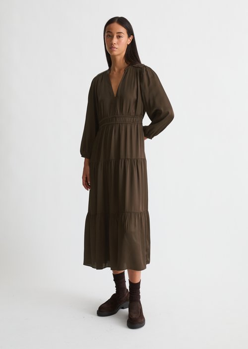 Relaxed-Fit Tiered Dress — Burnt Coffee